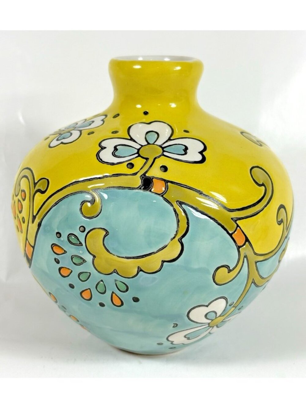 Anthropologie Delicate Devision Vase Teal Yellow Vines Flowers Dots Ceramic
